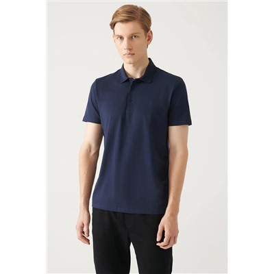 Avva, Erkek Lacivert Kıvrılmaz %100 Pamuk 3 Düğmeli Polo Yaka T-shirt E001035