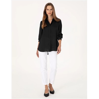 Siyah Comfort Fit Saten Uzun Kollu Gömlek