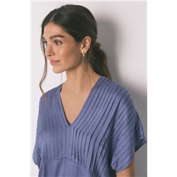 Pijama largo azul escote plisado