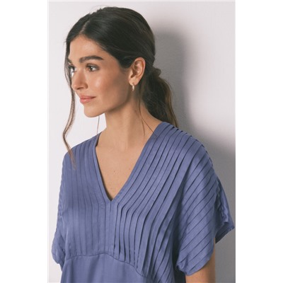 Pijama largo azul escote plisado