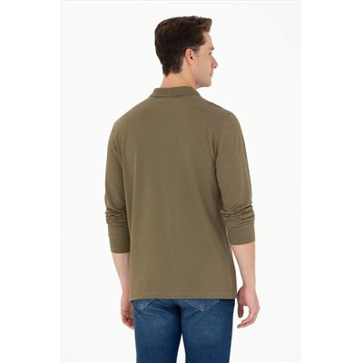 Erkek Haki Polo Yaka Basic Sweatshirt