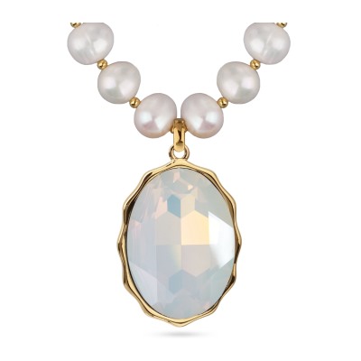 Колье Сияние (кристаллы SW белый опал, жемчуг белый 8-9мм; золото) 43-48см, Есть комплект