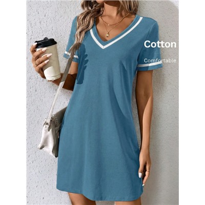 SHEIN LUNE Fashionable Casual V-Neck Color Block Knit Dress With Weave Belt, Black,Summer Dresses For Women