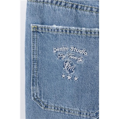 EMBROIDERED FRAYED DENIM BERMUDA SHORTS