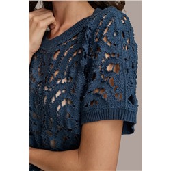 DROP SHOULDER CROCHET KNIT SWEATER
