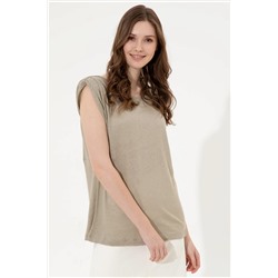 Kadın Haki Bisiklet Yaka Kolsuz Tişört