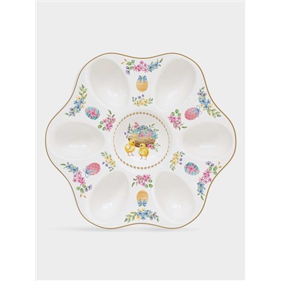Блюдо для яиц, 21 см, 6 отд, фарфор P, белое, Цыплята и цветы, Spring Bloom