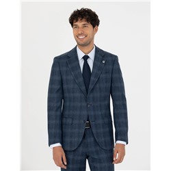 %100 Yün Ekose Lacivert Ekstra Slim Fit Takım Elbise