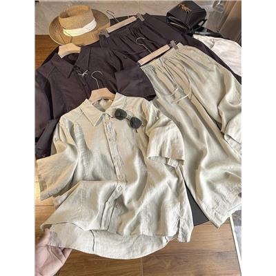 Женский льняной костюм рубашка и укороченные свободные брюки КО*С