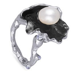 Кольцо (жемчуг белый, эмаль черная; покрытие родий)