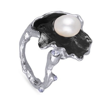 Кольцо (жемчуг белый, эмаль черная; покрытие родий)