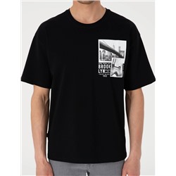 Siyah Comfort Fit Bisiklet Yaka Tişört