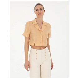 Bej Keten Karışımlı Slim Fit Crop Gömlek