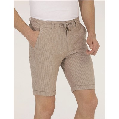 Açık Kahverengi Slim Fit Keten Karışımlı Çizgili Bağcıklı Bermuda Şort