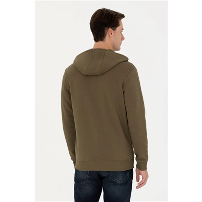 Erkek Haki Kapüşonlu Örme Hırka