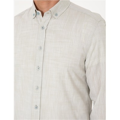 Çağla Keten Görünümlü Slim Fit Uzun Kollu Gömlek