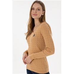 Kadın Camel V Yaka Basic Kazak