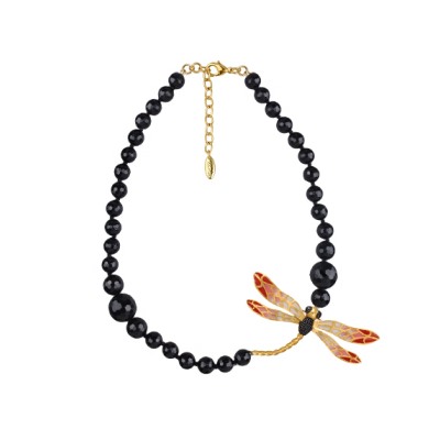 Колье Стрекоза (эмаль красная, розовая, агат; матовое золото) 62см, Есть комплект