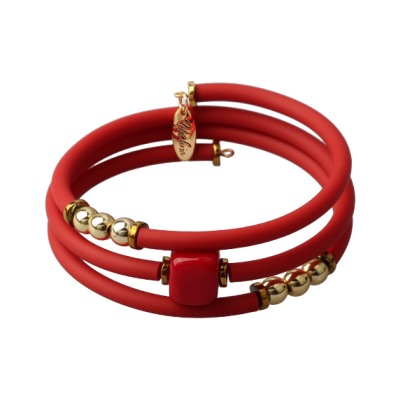 Браслет Терра (коралл 10х10мм красный, каучук красный; покрытие золото), Есть комплект