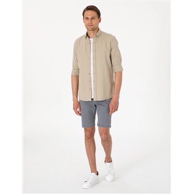 Haki Keten Görünümlü Slim Fit Uzun Kollu Gömlek