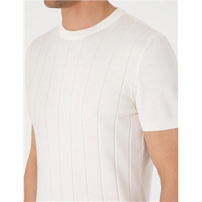 Ekru Slim Fit %100 Pamuk Bisiklet Yaka Triko Tişört