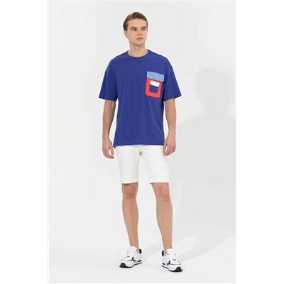 Erkek Mavi Oversize Bisiklet Yaka Tişört