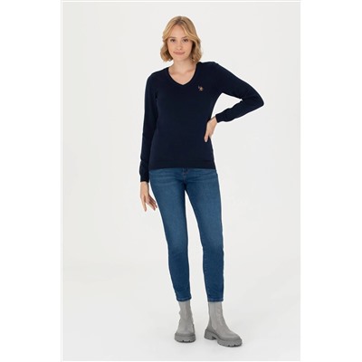 Kadın Lacivert V - Yaka Basic Kazak