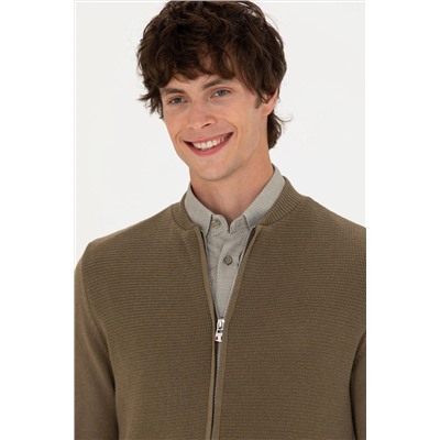 Erkek Haki Melanj Basic Triko Hırka