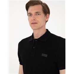 Siyah Slim Fit Örme Dokulu Polo Yaka Tişört
