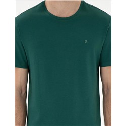 Koyu Yeşil %100 Pamuk Slim Fit Bisiklet Yaka Basic Tişört