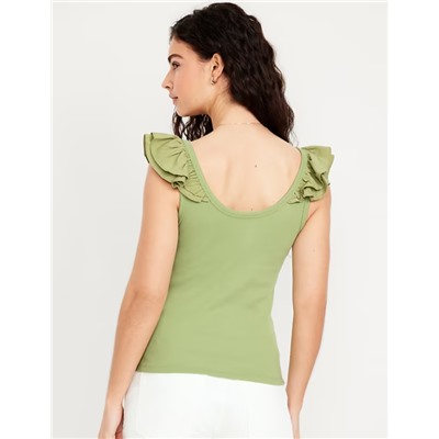 Ruffle-Trim Mixed Material Top