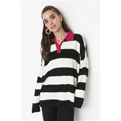 TRENDYOL MODEST Siyah Çizgili Polo Yaka Triko Kazak TCTAW23KZ00039