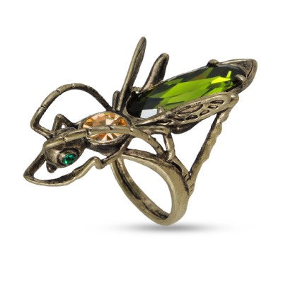 Кольцо Кузнечик (кристаллы SW зеленые, шампань; покрытие бронза), Есть комплект