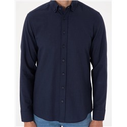 Koyu Lacivert Keten Görünümlü Slim Fit Uzun Kollu Gömlek