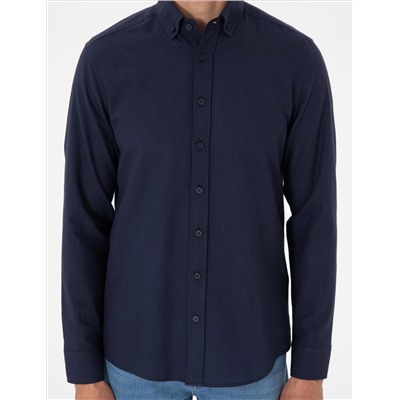 Koyu Lacivert Keten Görünümlü Slim Fit Uzun Kollu Gömlek