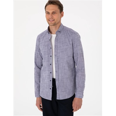 Lacivert Keten Görünümlü Slim Fit Uzun Kollu Gömlek