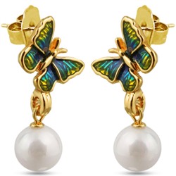 Серьги (эмаль зеленая, жемчуг белый; покрытие: золото)