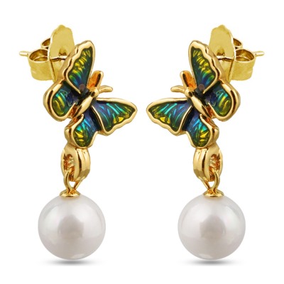 Серьги (эмаль зеленая, жемчуг белый; покрытие: золото)