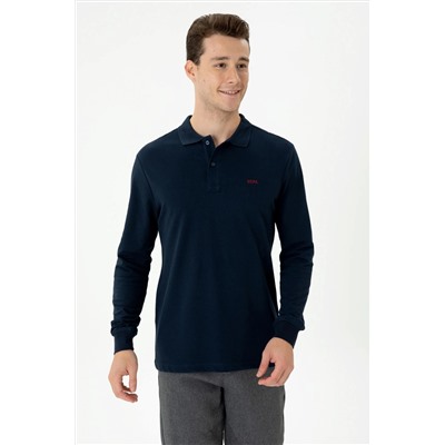Erkek Lacivert Polo Yaka Basic Sweatshirt