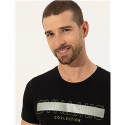 Siyah Slim Fit Baskılı Bisiklet Yaka Tişört