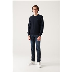 Lacivert Bisiklet Yaka Önü Dokulu Pamuklu Triko Kazak