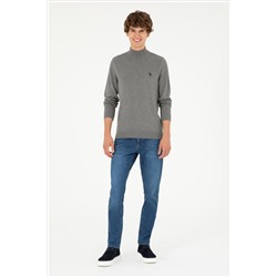 Erkek Slim Fit Yarım Boğazlı Gri Melanj Basic Kazak