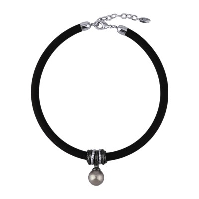 Колье Гевея (Майорка 16мм серо-голубая, каучук черный; родий, черный родий) 45см, Есть комплект