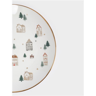 Тарелка закусочная, 19 см, фарфор N, бело-золотистая, Домики и ели, Townlet