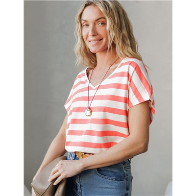 Футболка в полоску с V-вырезом и цельнокроеным рукавом из премиального хлопка