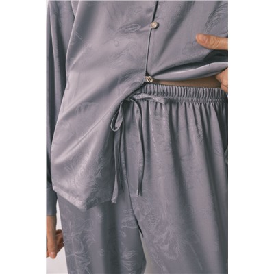 Pijama camisero largo satén jacquard gris