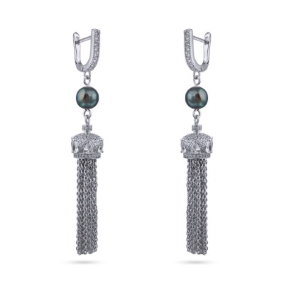 Серьги (жемчуг бензиновый 6мм, белый фианит; покрытие родий), Есть комплект