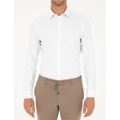 Beyaz Slim Fit Armürlü Uzun Kollu Gömlek