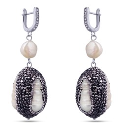Серьги (жемчуг барочный белый, кристаллы черные; покрытие родий), Есть комплект