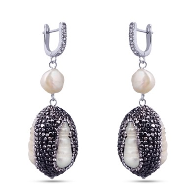 Серьги (жемчуг барочный белый, кристаллы черные; покрытие родий), Есть комплект
